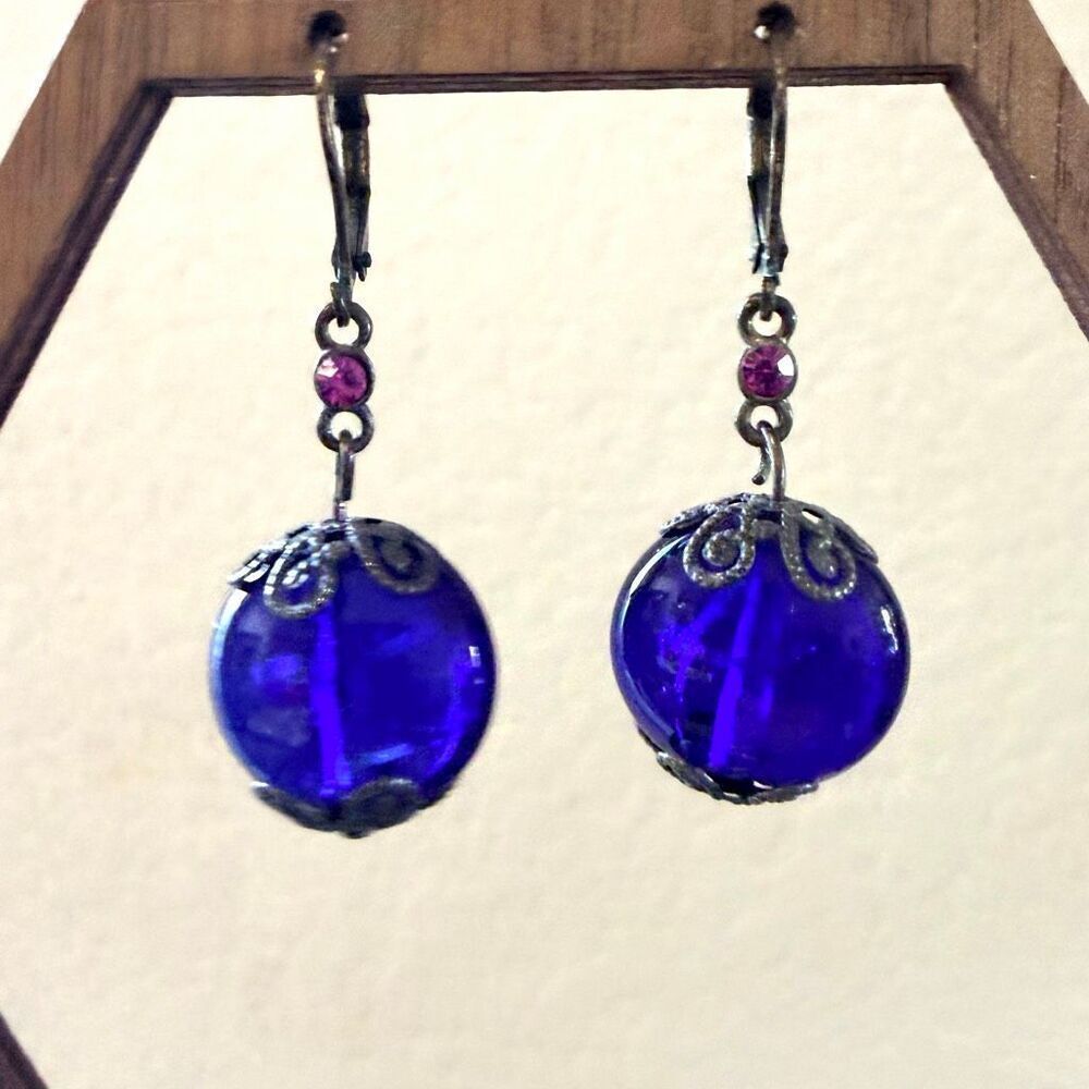 Vintage Cobalt Blue Glass Bead Dangle Earrings